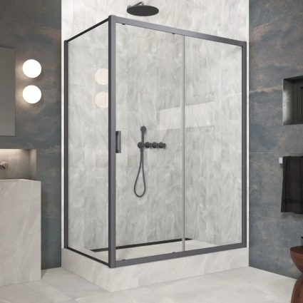 Душевой уголок Vegas Glass ZP+ZPV Protec 155*90 06 01 профиль вороненная сталь, стекло прозрачное