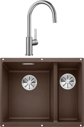 Комплект Мойка Blanco Subline 340/160-U кофе, левая + Смеситель Candor 523120