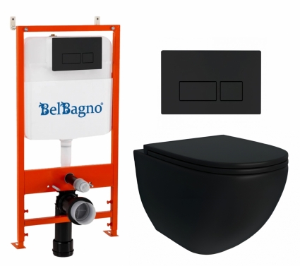 Комплект 3 в 1 инсталляция BelBagno BB026/BB044NERO + Унитаз подвесной Enio Unico BL Tornado EN4105057 + кнопка черная матовая