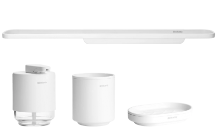 Набор Стакан Brabantia MindSet 303265 для зубных щеток, белый + Мыльница 303340 белая + Дозатор 303227 для жидкого мыла, белый + Полотенцедержатель 303586 белый
