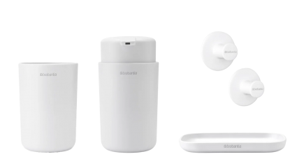 Набор Стакан Brabantia ReNew 280306 для зубных щеток, белый + Мыльница 280221 белая + Дозатор 280269 для жидкого мыла, белый + Крючок 280344 для полотенец, 2 шт, белый