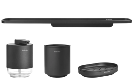 Набор Стакан Brabantia MindSet 303241 для зубных щеток, графит + Мыльница 303326 графитовая + Дозатор 303203 для жидкого мыла, графитовый + Полотенцедержатель 303562 графитовый
