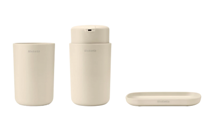 Набор Стакан Brabantia ReNew 223341 для зубных щеток, бежевый + Мыльница 223389 бежевая + Дозатор 223327 для жидкого мыла, бежевый