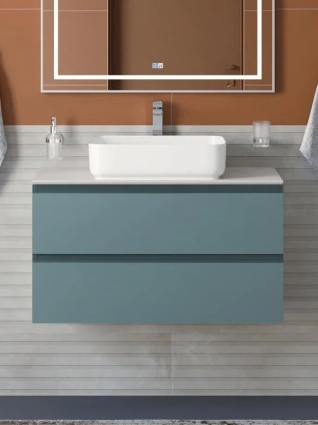 Тумба с раковиной BelBagno Kraft 100 подвесная, матовая голубая, столешница kep-100-bo, раковина BB1304