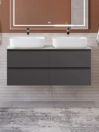 Тумба под раковину со столешницей BelBagno Kraft 120 подвесная, матовая темно-серая, столешница kep-120-2-cem, для двоих