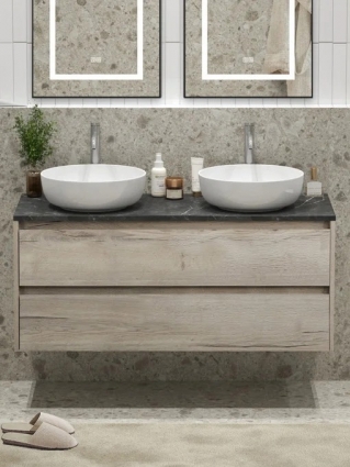 Тумба под раковину со столешницей BelBagno Kraft 120 подвесная,  для двоих, 2 ящика, rovere galifax bianco