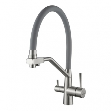 Смеситель для кухни 35k MIXLINE МЛНС-0404 (MLSS-0404) серый гиб.излив,подкл.к фильтру, п/гайку САТИН