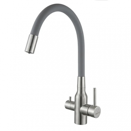 Смеситель для кухни 35k MIXLINE МЛНС-0403 (MLSS-0403) серый гиб.излив,подкл.к фильтру, п/гайку САТИН