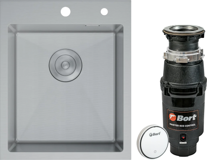 Комплект Мойка DQ DKS415004, сатин + Измельчитель Bort Master Eco Control