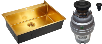 Комплект Мойка Emar PVD A EMB-125A PVD Nano Golden 74x50, золотой (golden), нержавеющая сталь + Измельчитель Zorg ZR-75 D GRAFIT электрический, нержавеющая сталь