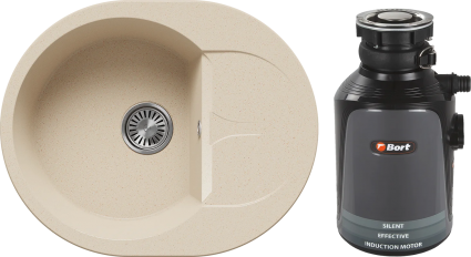 Комплект Мойка Polygran Atol 855533 62x50, опала, искусственный мрамор + Измельчитель Bort Alligator Plus электрический, нержавеющая сталь