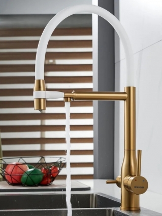 Смеситель для кухни с гибким изливом и подключением фильтра Shevanik S378G, золотой сатин/белый