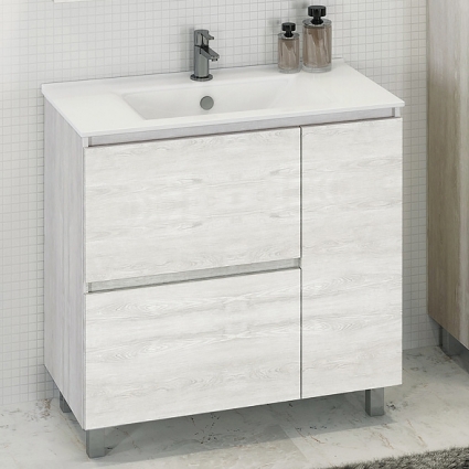 Тумба с раковиной Comforty Верона 90 дуб белый, с бельевой корзиной