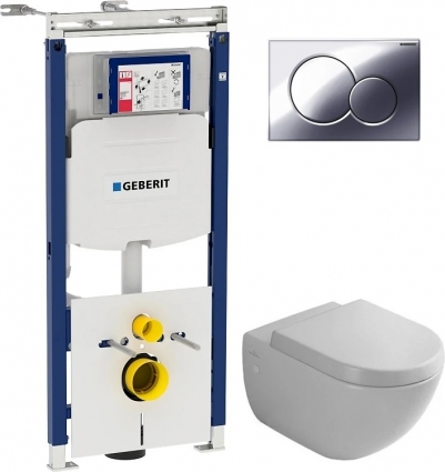 Комплект Система инсталляции для унитазов Geberit Duofix Sigma 12 Plattenbau 111.362.00.5 + Кнопка смыва Geberit Sigma 01 115.770.21.5 хром + Крышка-сиденье Villeroy & Boch Subway 9M55 S101 с микролифтом, петли хром + Унитаз подвесной Villeroy