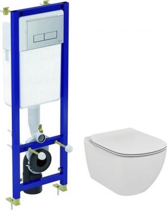 Комплект Система инсталляции для унитазов Ideal Standard W3710AA 4 в 1 + Крышка-сиденье Ideal Standard Tesi T352701 с микролифтом, петли хром + Унитаз подвесной Ideal Standard Tesi T007901