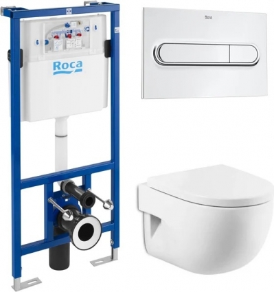 Комплект Система инсталляции для унитазов Roca DUPLO WC 890090020 + Кнопка смыва Roca PL1 Dual хром + Крышка-сиденье Roca Meridian 8012AC004 с микролифтом, петли хром + Унитаз подвесной Roca Meridian 346248000 укороченная
