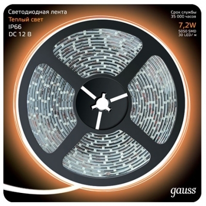 Светодиодная лента Gauss 5M теплый белый 7,2W IP66 311000107