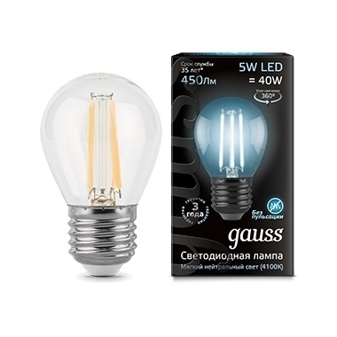 Лампа светодиодная филаментная Globe E27 5W 4100K шар прозрачный 1/10/50 105802205