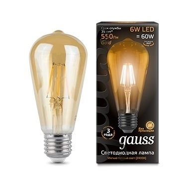 Лампа светодиодная филаментная ST64 E27 6W Golden 2400К колба прозрачная 1/10/40 102802006
