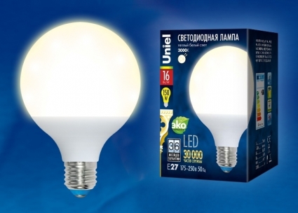 Лампа светодиодная (UL-00000775) E27 16W 3000K шар матовый LED-G95-16W/WW/E27/FR PLP02WH