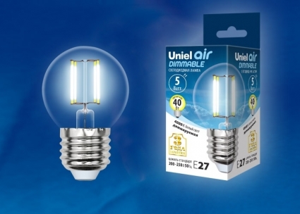 Лампа светодиодная диммируемая (UL-00002871) E27 5W 4000K шар LED-G45-5W/NW/E27/CL/DIM GLA01TR