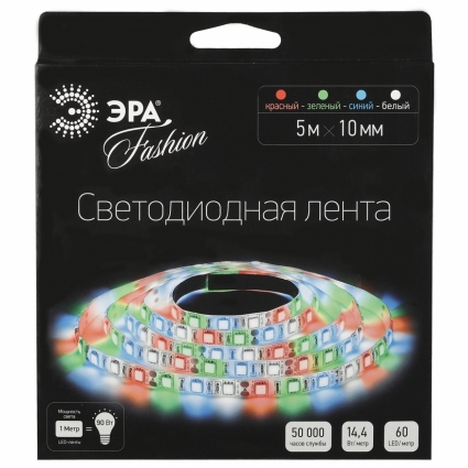 Светодиодная лента ЭРА 14,4W/m 60LED/m 5050SMD RGB 5M LS5050-60LED-IP20-RGB-W-5m