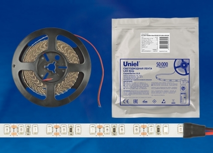 Светодиодная влагозащищенная лента Uniel (UL-00000889) 9,6W/m 60LED/m 2835SMD теплый белый 5M ULS-2835-60LED/m-8mm-IP65-DC12V-9,6W/m-5M-WW