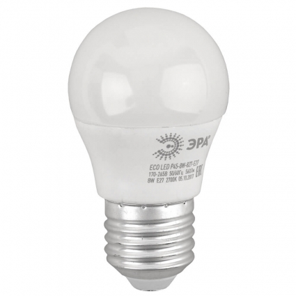 Лампа светодиодная ЭРА E27 8W 2700K матовая ECO LED P45-8W-827-E27