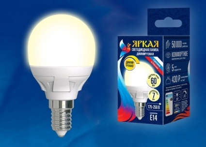 Лампа светодиодная диммируемая (UL-00004302) Uniel E14 7W 3000K матовая LED-G45 7W/3000K/E14/FR/DIM PLP01WH