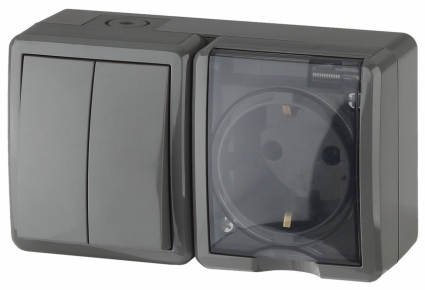 Блок розетка-выключатель двухклавишный ЭРА Эксперт IP54 16A 250V 11-7402-03